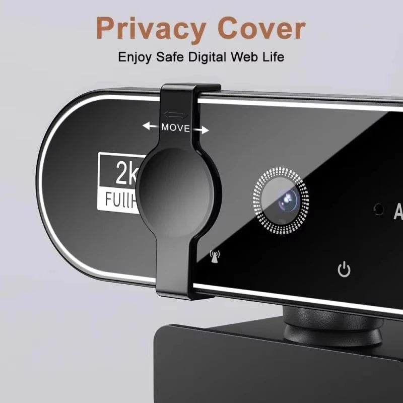 Black 4K webcam with a sliding privacy cover, microphone icon, and autofocus lens on a mounting stand.