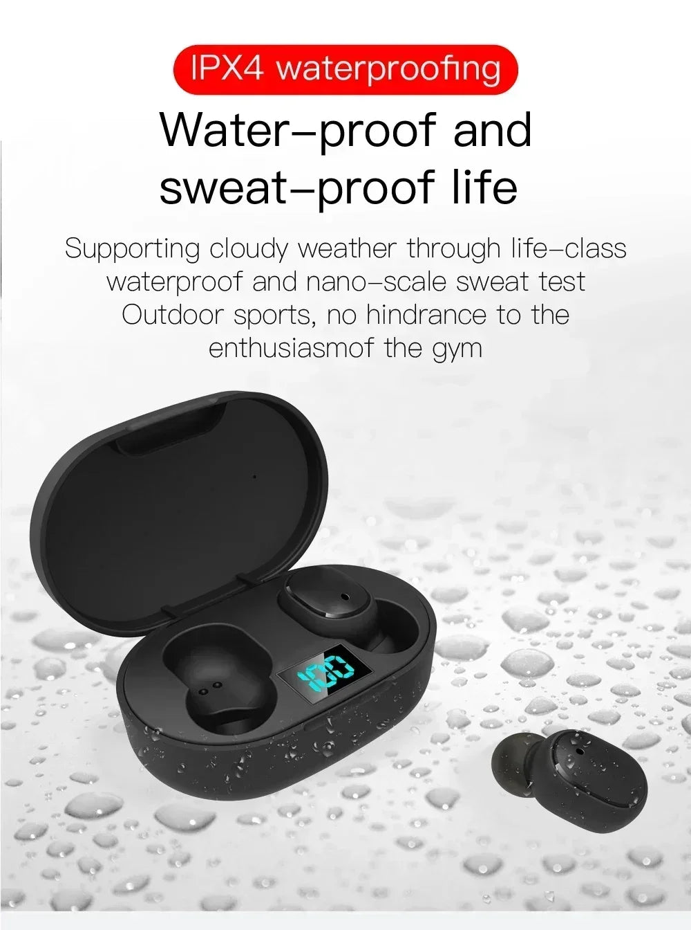 Black wireless earbuds in a charging case with a digital battery display, set against a water-drop background.