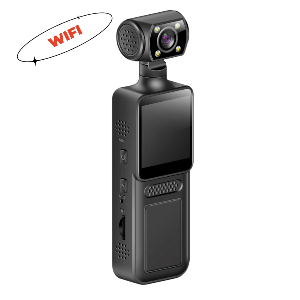 Black portable body camera with a 180° rotatable lens, built-in screen, WiFi capability, and side control buttons.