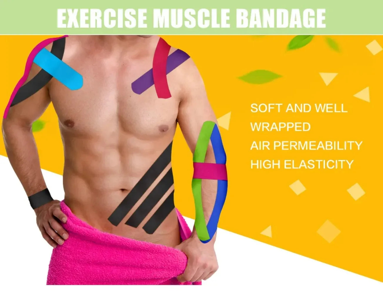 A muscular man with multi-coloured kinesiology tape applied to his shoulders, torso, and arm against a yellow background.