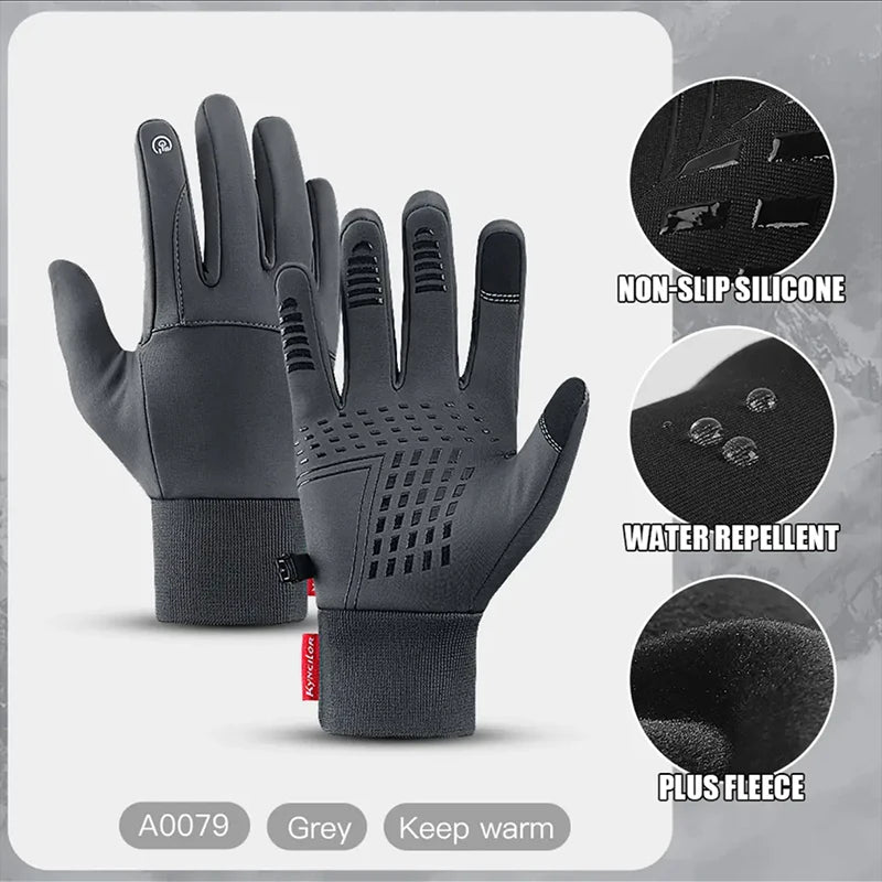 Pair of grey thermal gloves featuring non-slip silicone palms, water-repellent fabric, and fleece lining.