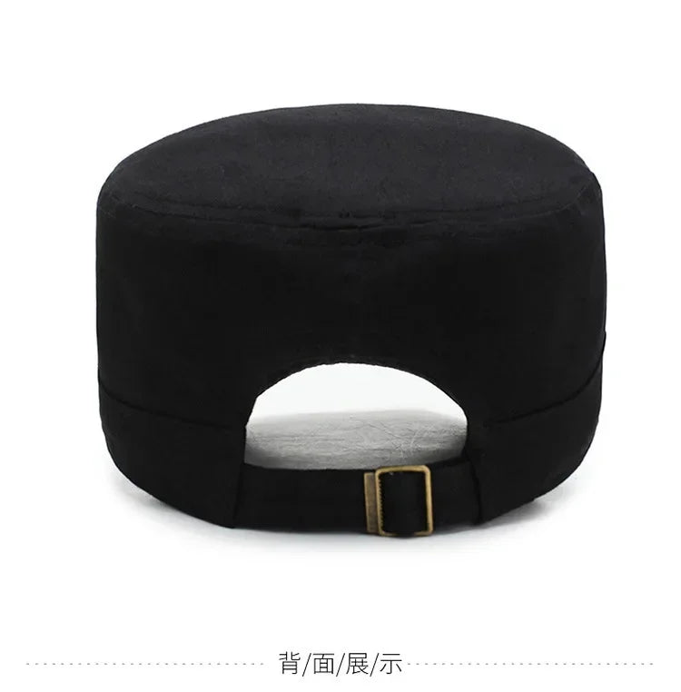 Plain black cotton military-style cap with an adjustable strap and bronze-tone buckle at the back.