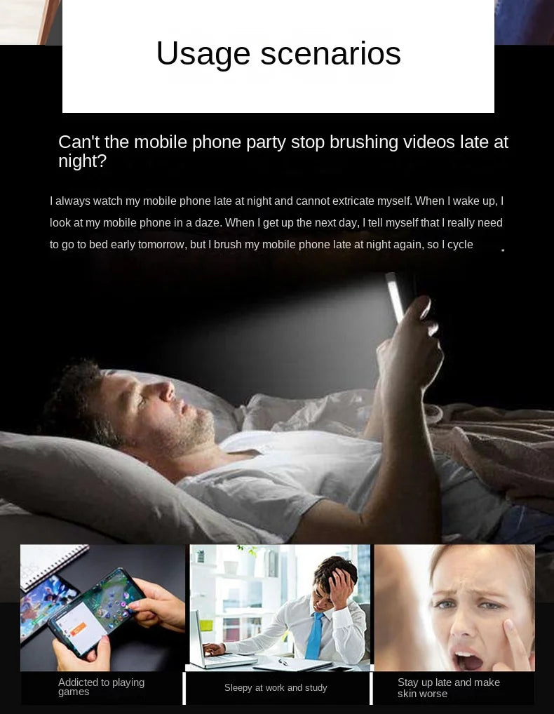 A person lying in bed at night using a smartphone with a bright screen, with panels showing phone gaming and fatigue.