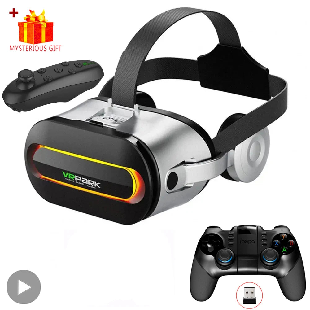 Silver and black VR headset with built-in headphones, adjustable strap, and two controllers.