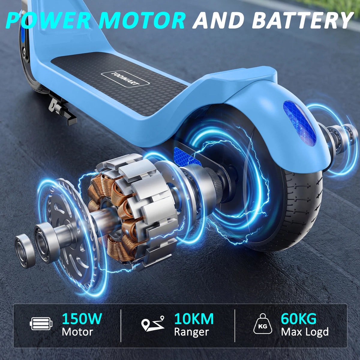 Blue kids electric scooter highlighting the exposed 150W motor with glowing electrical graphics.