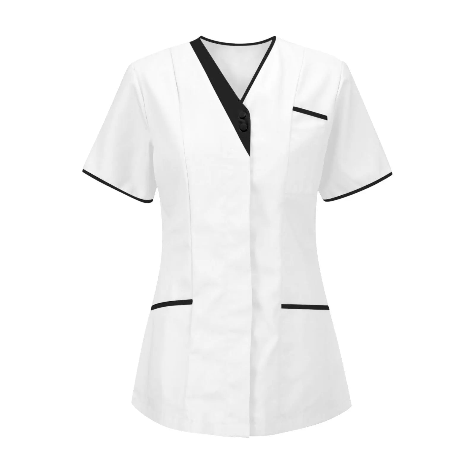 White healthcare tunic with short sleeves, a V-neck, black trim detail and two side pockets.