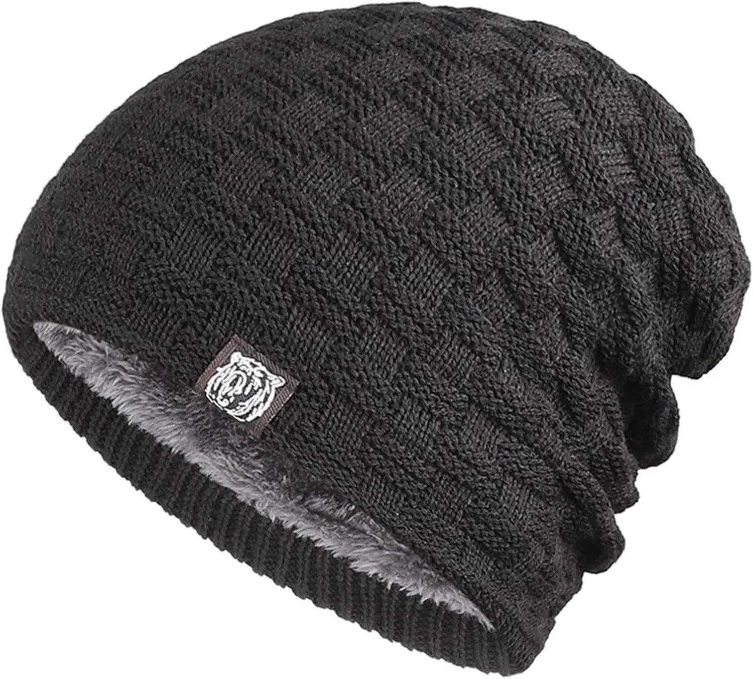 Black slouchy winter beanie with a textured knit pattern, featuring a soft grey plush lining.
