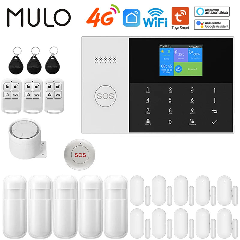 White 4G WiFi home alarm system with digital keypad, SOS button, remote fobs, sensors, and voice assistant support.
