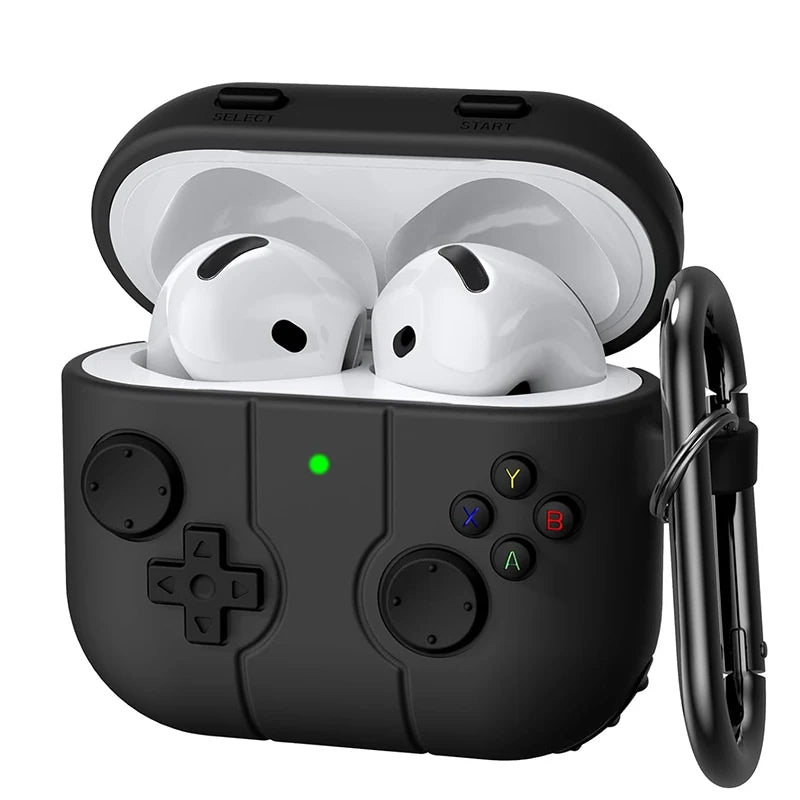 Black silicone AirPods case with retro gaming controller design and carabiner, for AirPods Pro.