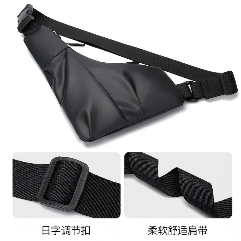 Sleek black triangle crossbody bag with a secure zip, adjustable strap, and comfortable webbing design.