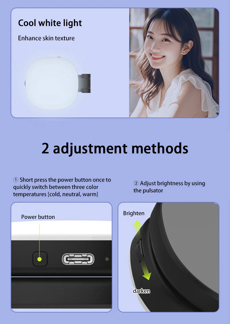 Portable LED clip-on ring light with adjustable cool, neutral, and warm color temperatures and brightness controls.