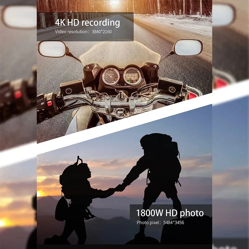 Split screen showing a black motorcycle dashboard for 4K video recording and hikers for 1800W photo resolution.