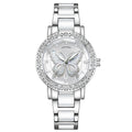 Luxury silver and white women's watch featuring a crystal-embellished bezel and a central butterfly motif dial.