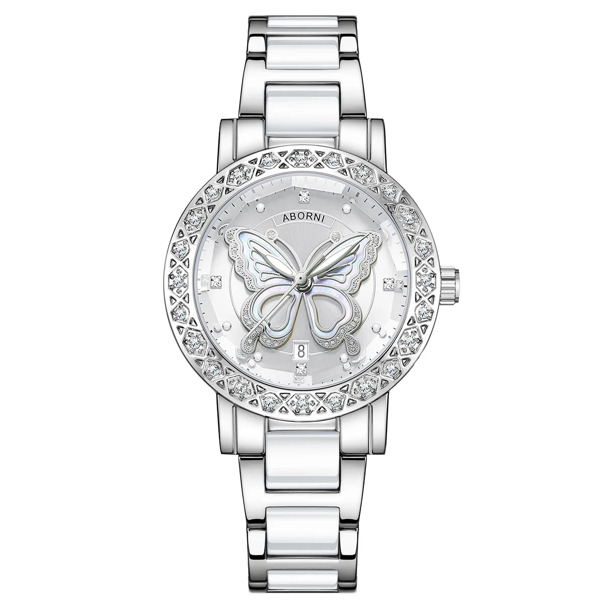 Luxury silver and white women's watch featuring a crystal-embellished bezel and a central butterfly motif dial.