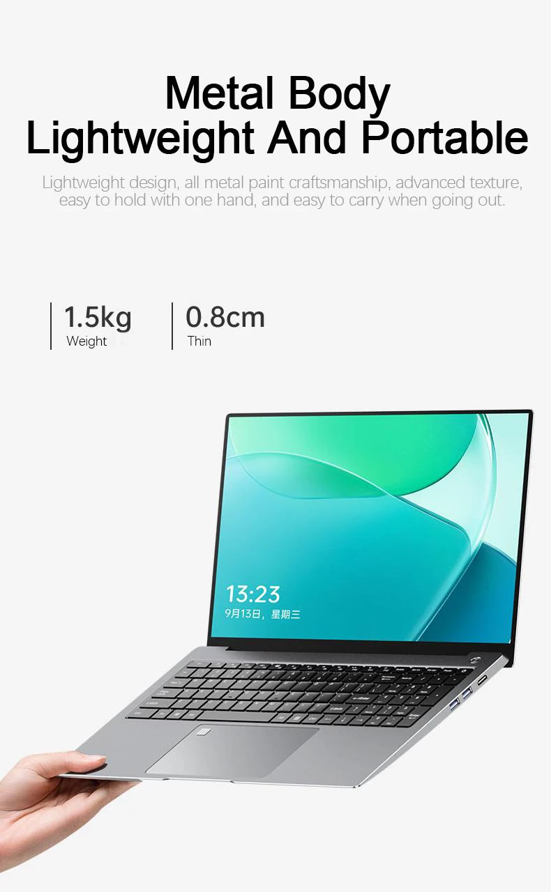Slim, grey 15.6-inch touchscreen gaming laptop with a lightweight, portable metal design, shown in hand.