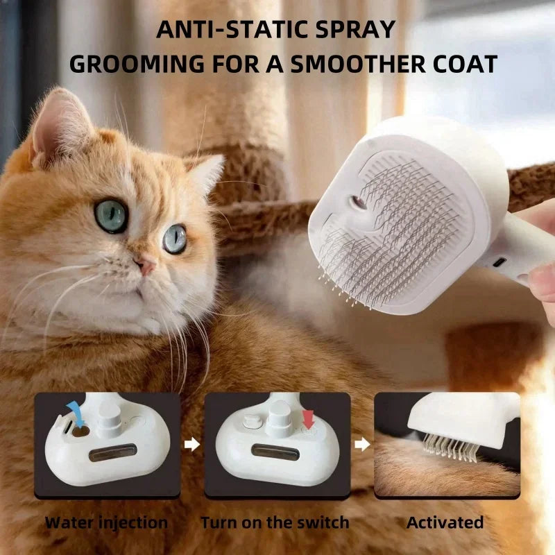 White anti-static steam grooming brush for pets, featuring fine bristles, being used on a ginger cat.