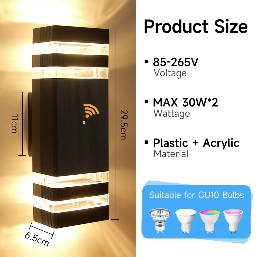 Modern black rectangular outdoor wall light with acrylic details, motion sensor icon, and dimensions in cm.