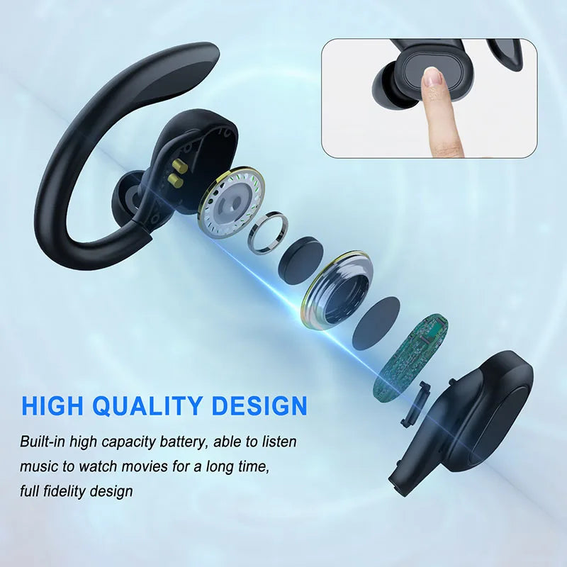 Black wireless earbud with an exploded-view diagram showing internal components and a touch-control feature.
