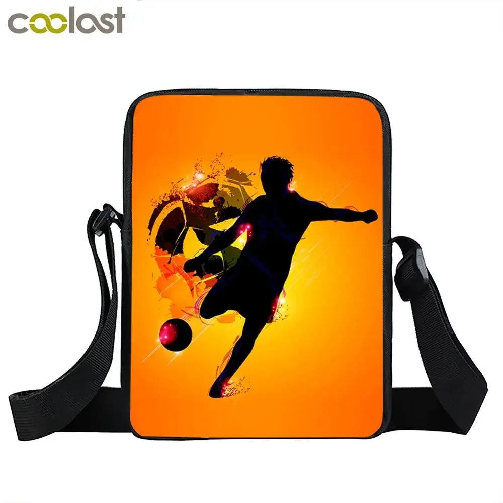 Orange crossbody bag featuring a black silhouette of a footballer kicking a ball with abstract graphics.