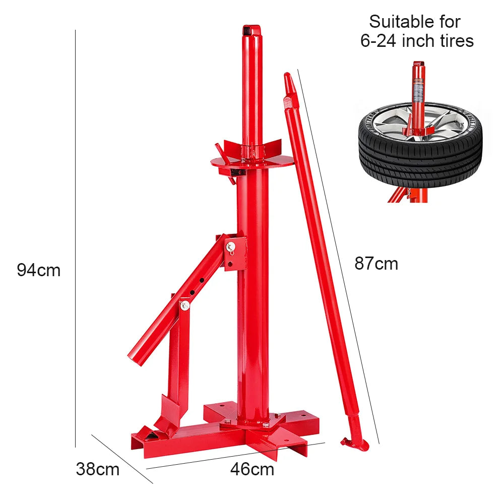 Red manual tire changer machine with dimensions and an inset showing a mounted tire.