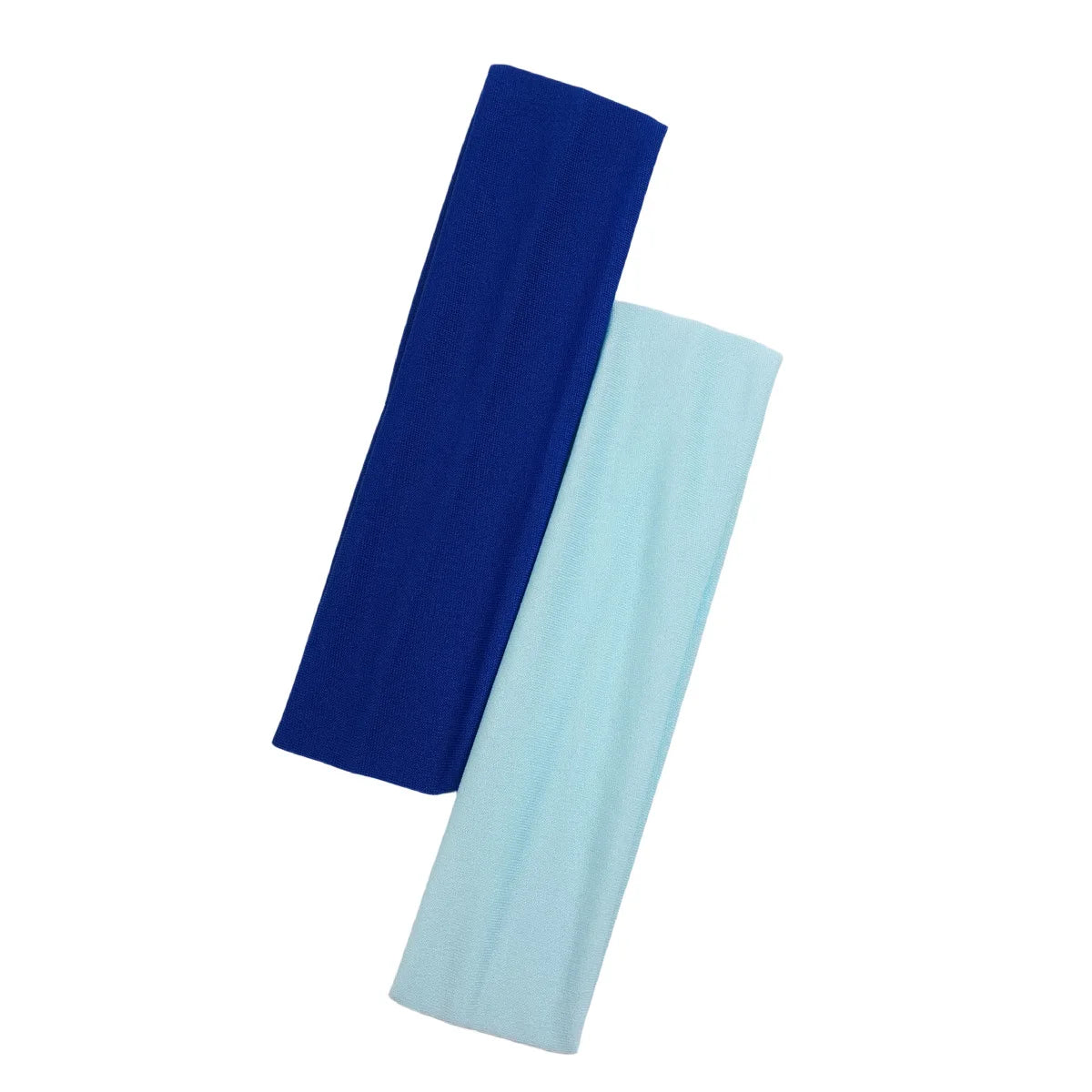 Two fabric headbands in royal blue and light blue, positioned diagonally against a plain white background.