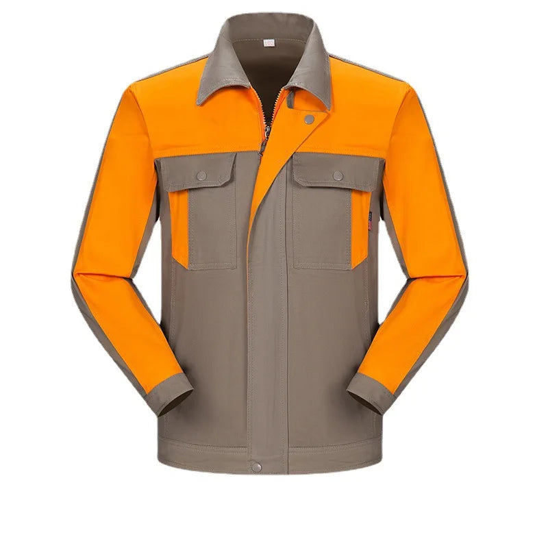 Orange and grey work jacket with a collared zip front, button-down chest pockets, and long sleeves on white background.