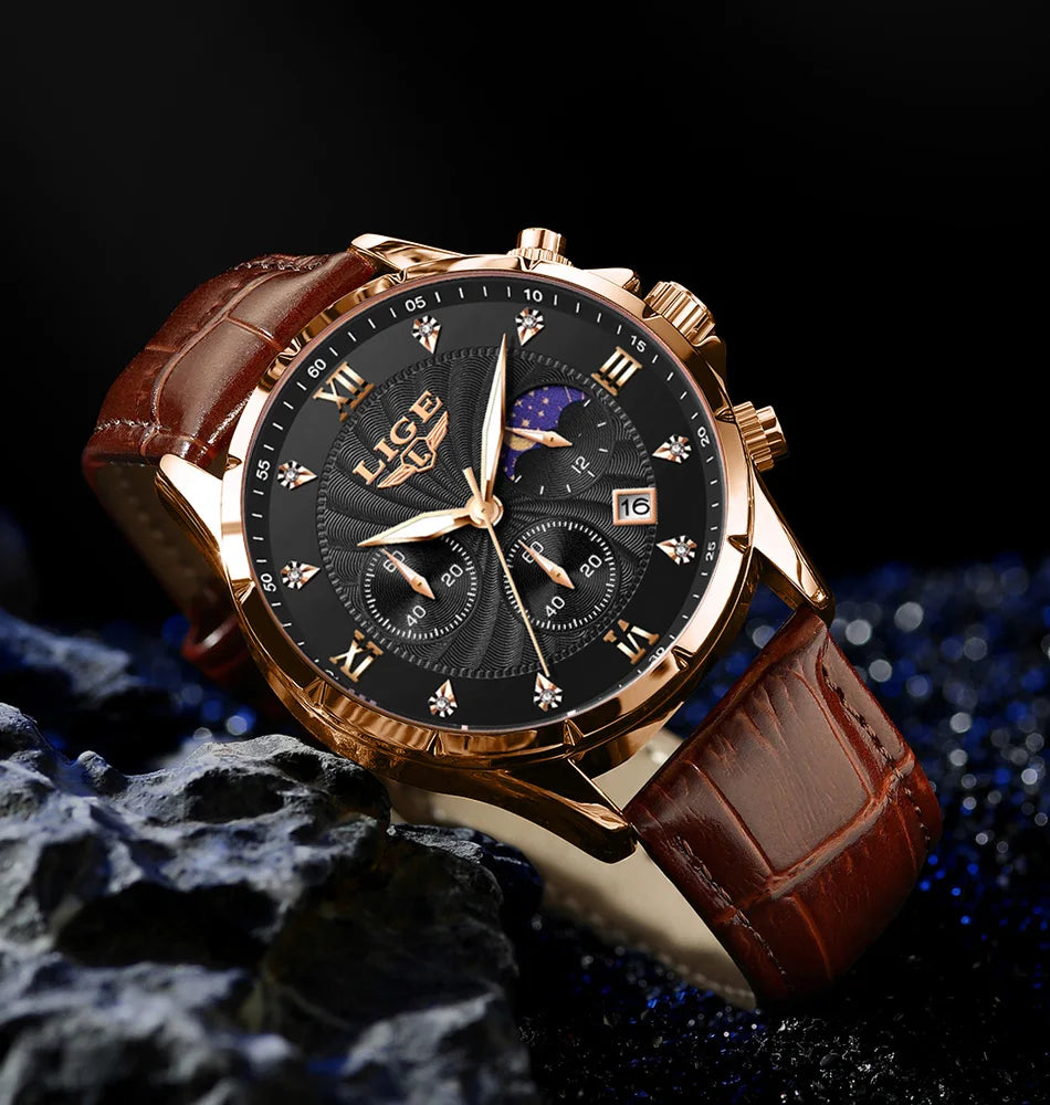 Men's rose gold chronograph watch with a black textured dial, moon phase display, and brown leather strap.