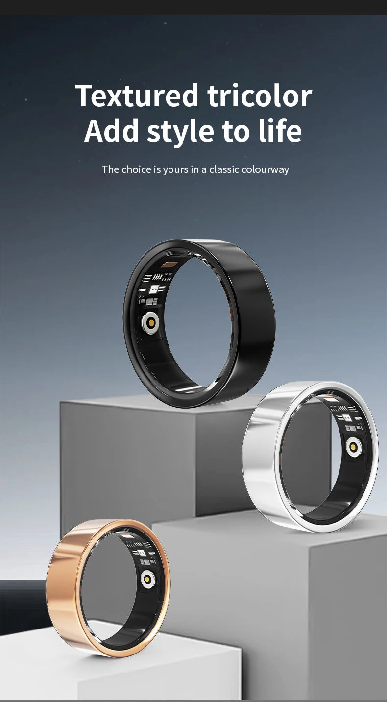 Three waterproof smart health tracking rings in black, silver, and gold, displaying internal sensor hardware.