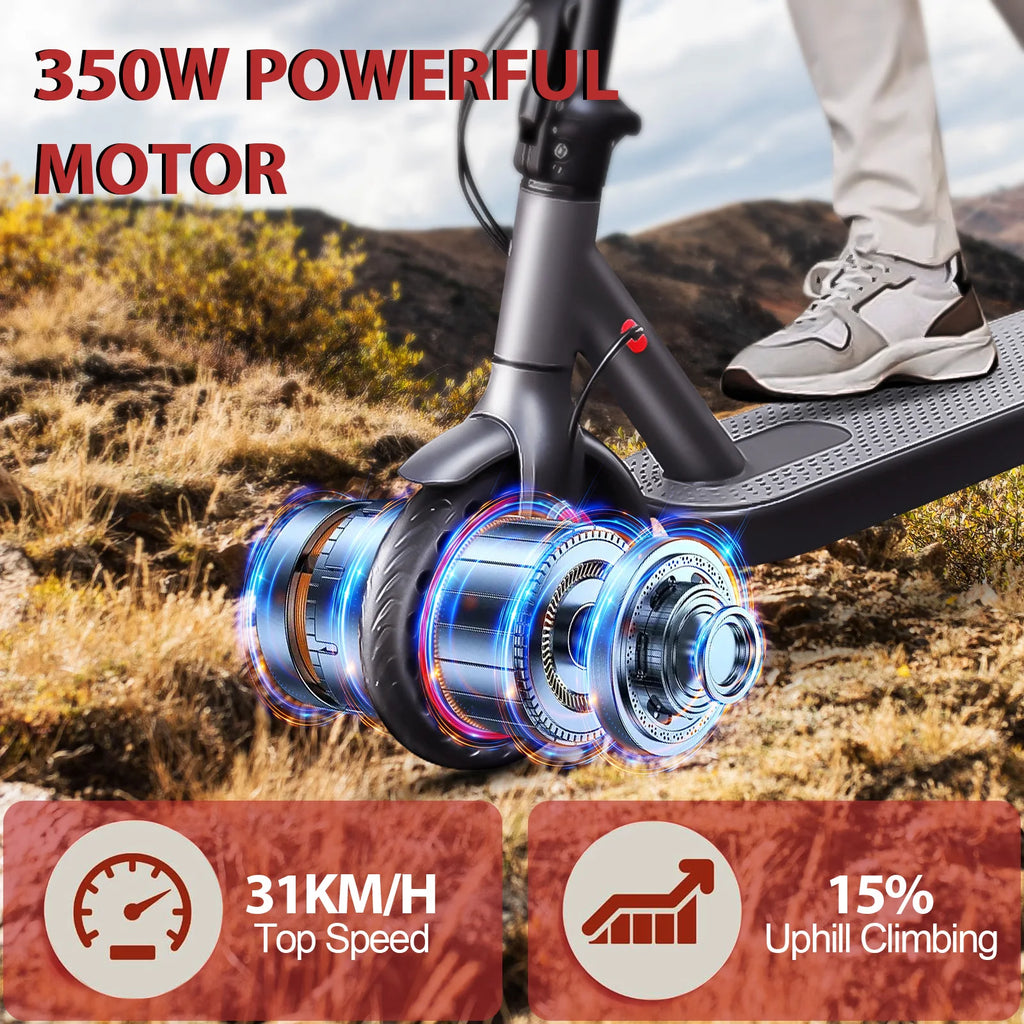 Dark gray adult electric scooter riding on a dirt path with visible motor graphic and a foot on the deck.