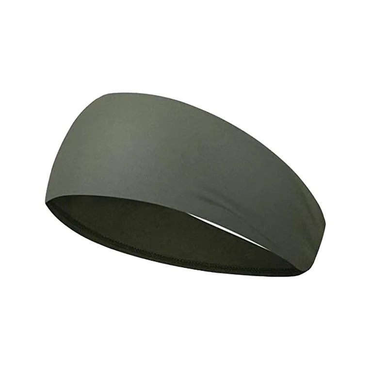 A plain, khaki-green sports headband made from smooth, stretchy fabric.