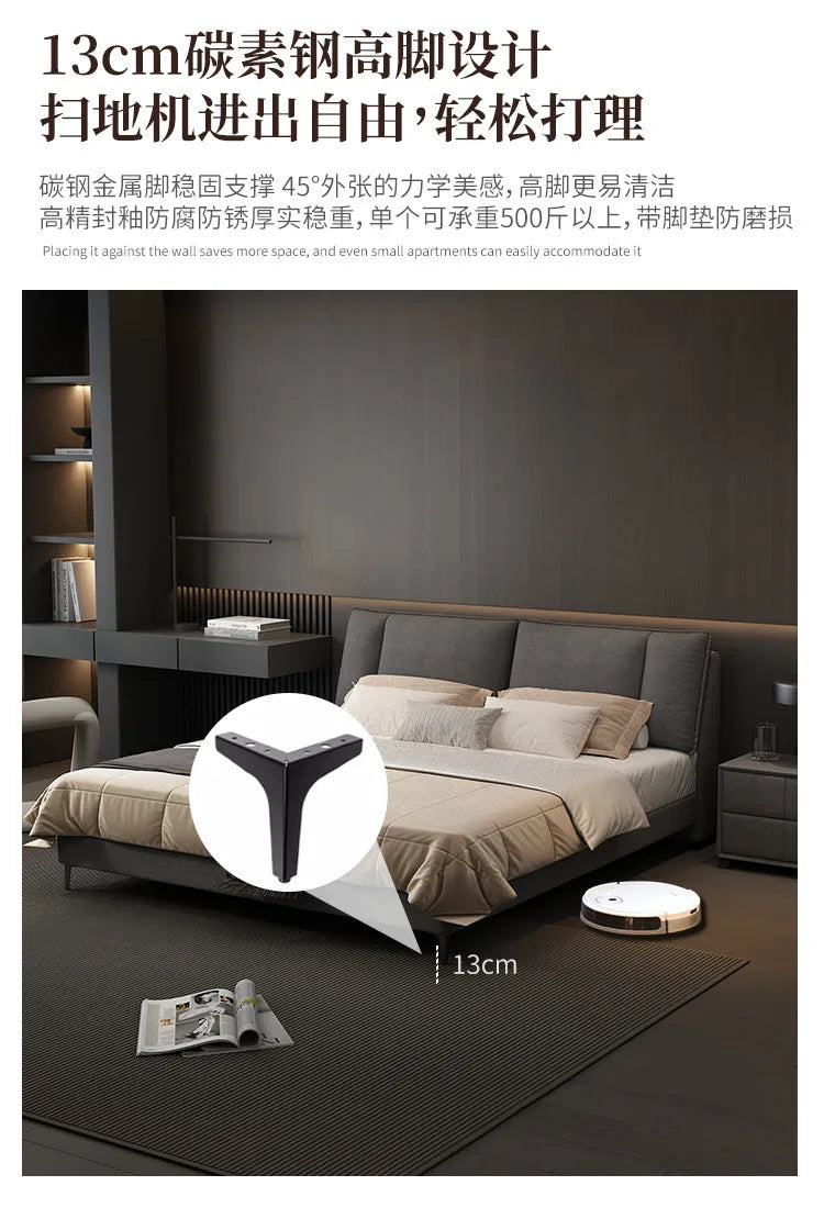 Modern grey upholstered double bed with a tall, sleek black metal leg design for easy under-bed cleaning.