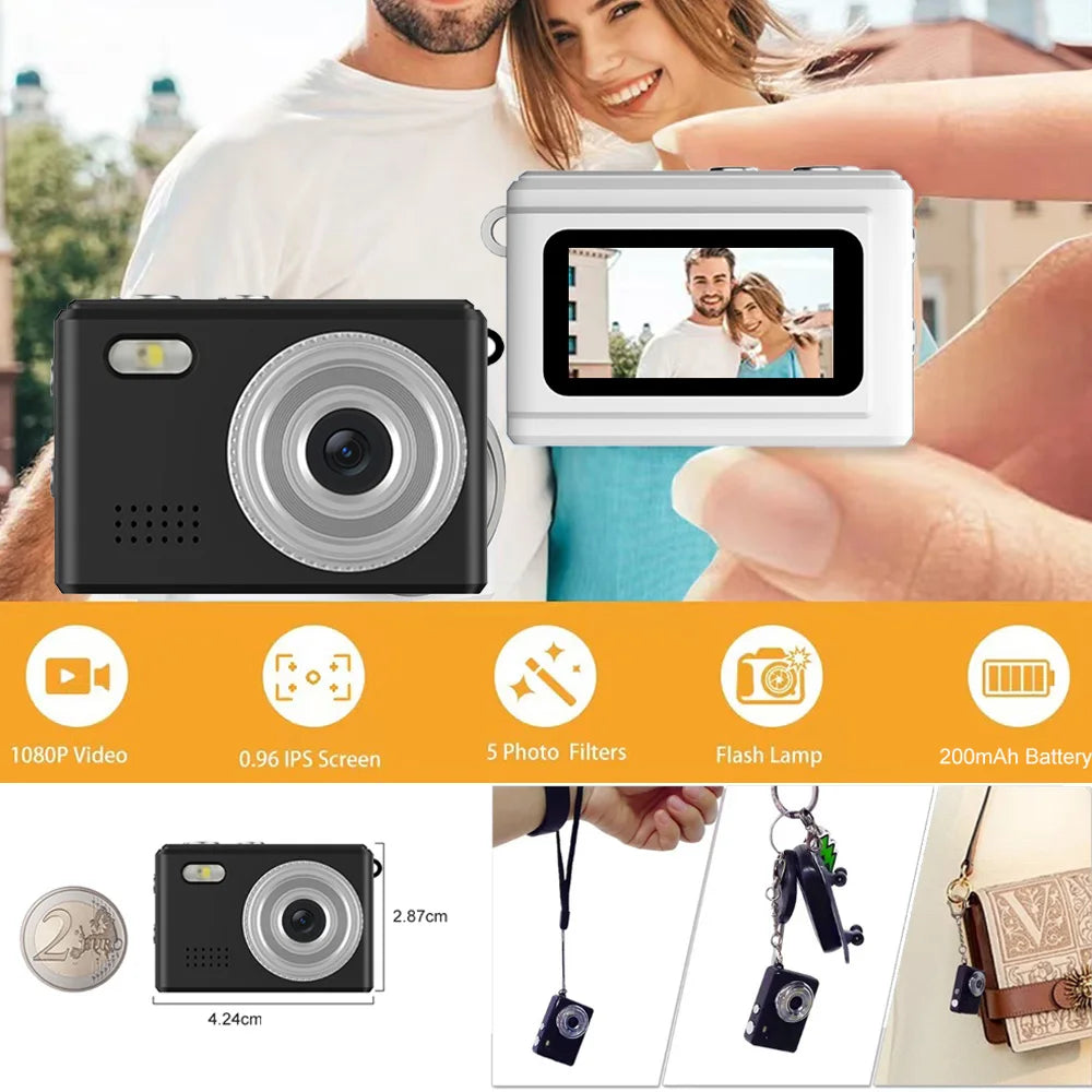 Black and white mini digital cameras with 1080p video, 0.96-inch IPS screen, 5 filters, flash, and 200mAh battery.
