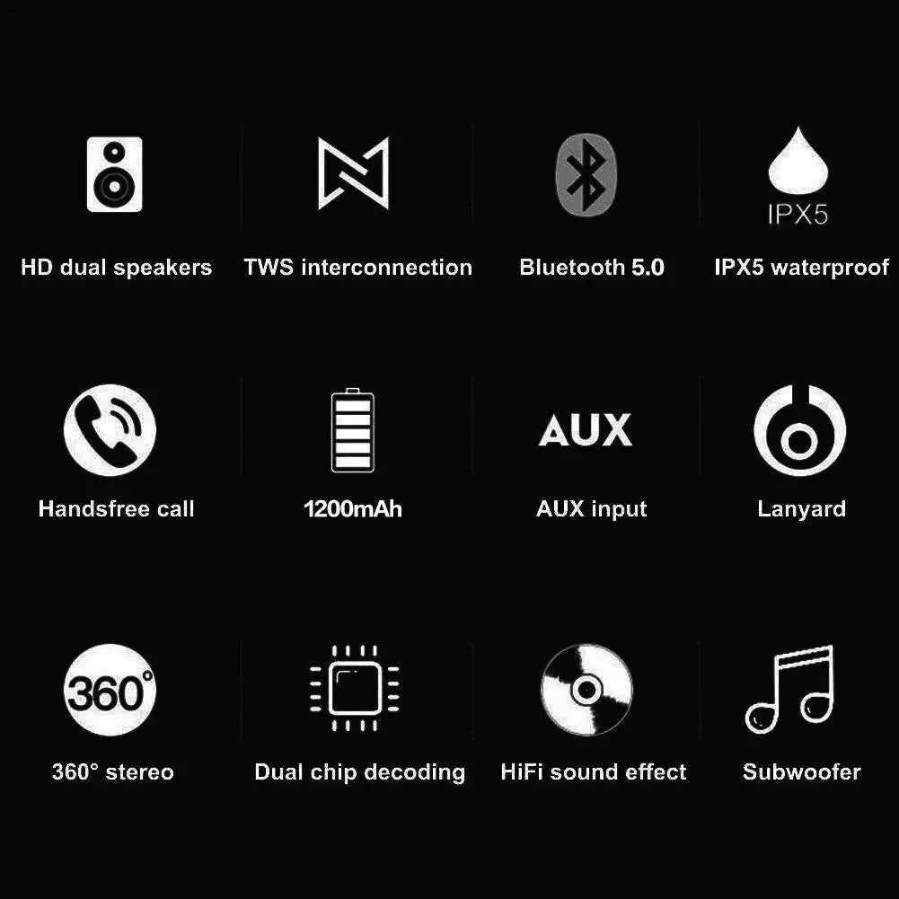 Infographic showing features: Bluetooth 5.0, IPX5 waterproof, 360° stereo, handsfree calls, and 1200mAh battery.
