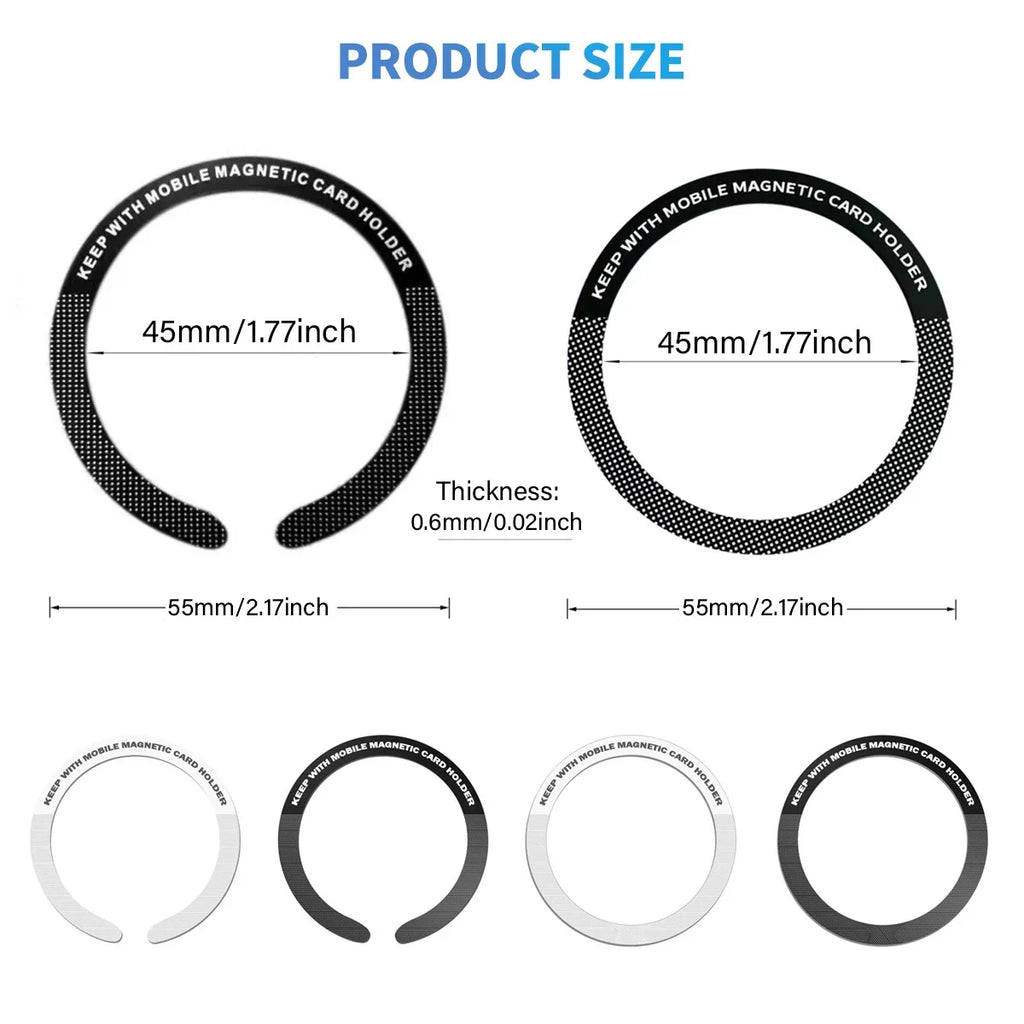 Circular magnetic phone card holder rings shown in black and silver with dimensions labeled.