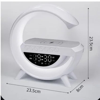 White crescent-shaped smart alarm clock with digital display, built-in wireless charging pad, and LED night light.