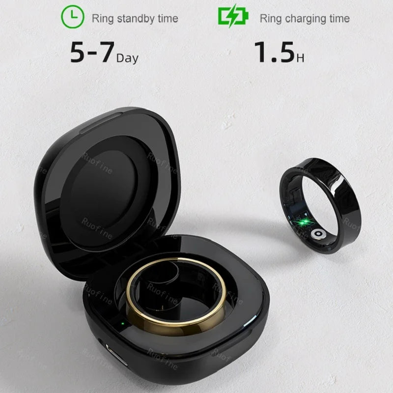 A sleek black health tracking ring with a gold inner band, featuring its own charging case and 5-7 day battery life.