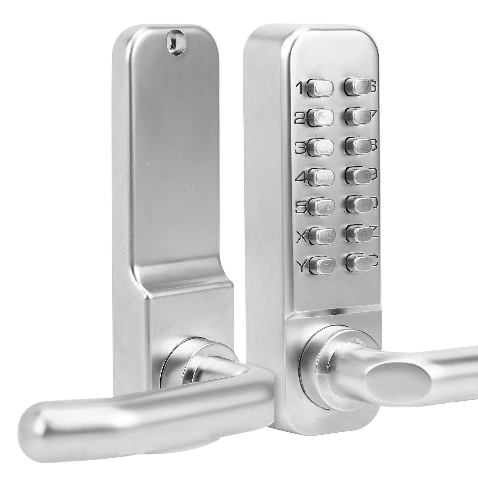 Silver metal digital keypad door lock with handle, shown from two sides.