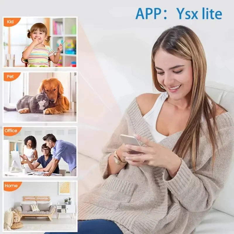 Woman using a smartphone to view live feeds of her home, pets, and children from a 1080P wireless security camera.