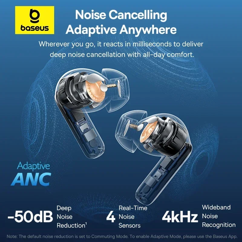 Transparent wireless earbuds showing internal components and gold drivers against a dark blue background.