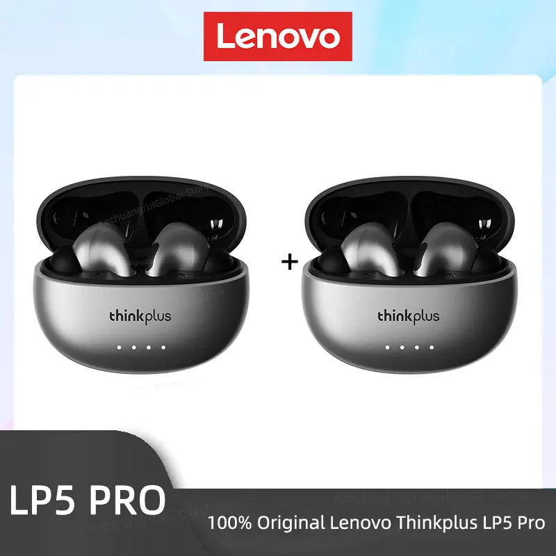 Two pairs of silver wireless earbuds in open, circular silver charging cases with indicator lights.