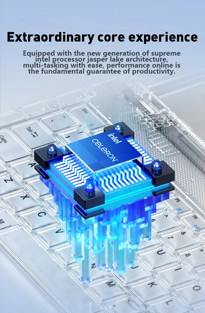 Close-up of a silver ultra-slim laptop keyboard with a glowing blue 3D processor graphic overlay.