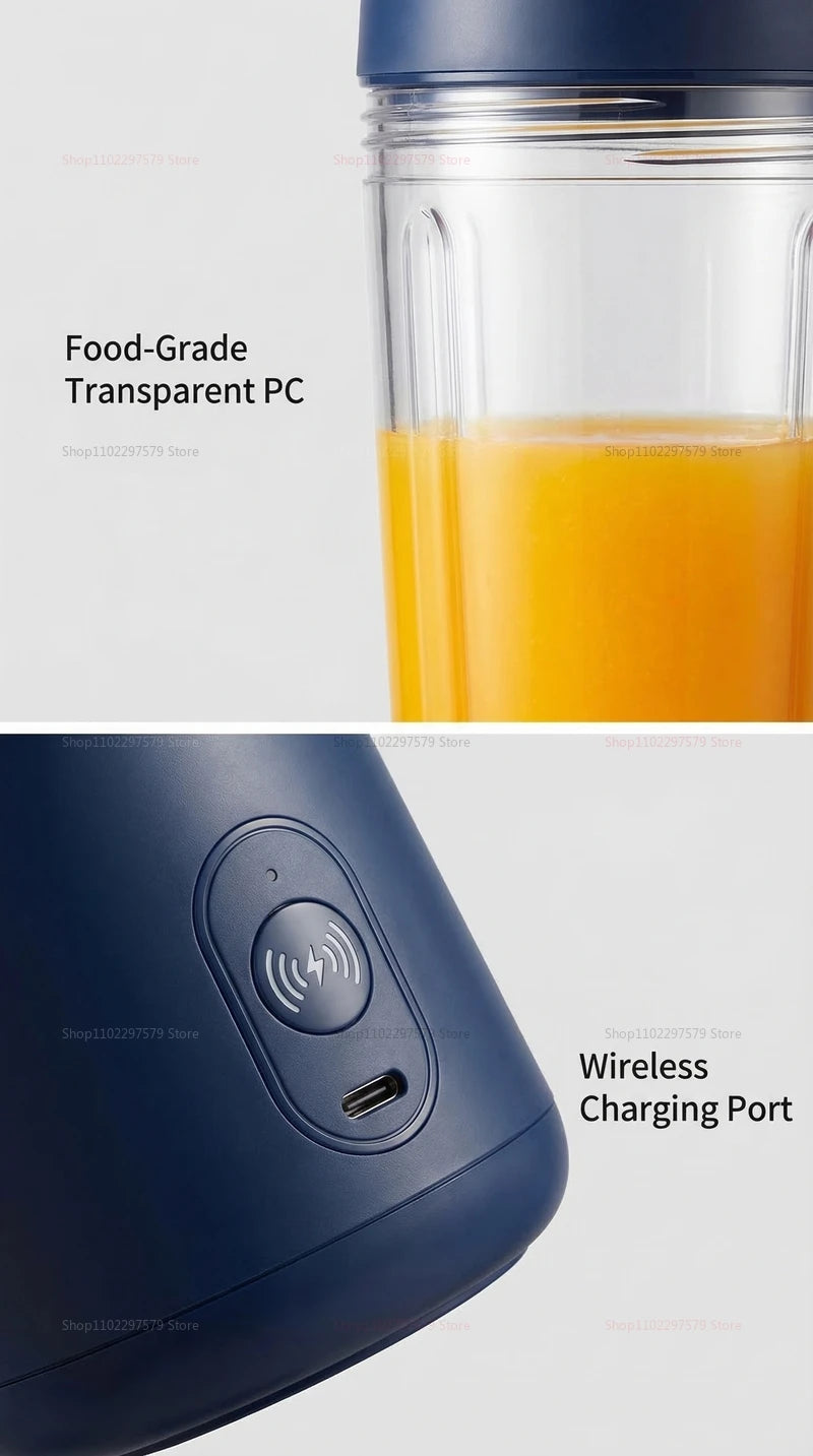Portable blender with a clear, food-grade plastic cup and a navy blue base featuring a wireless charging port.