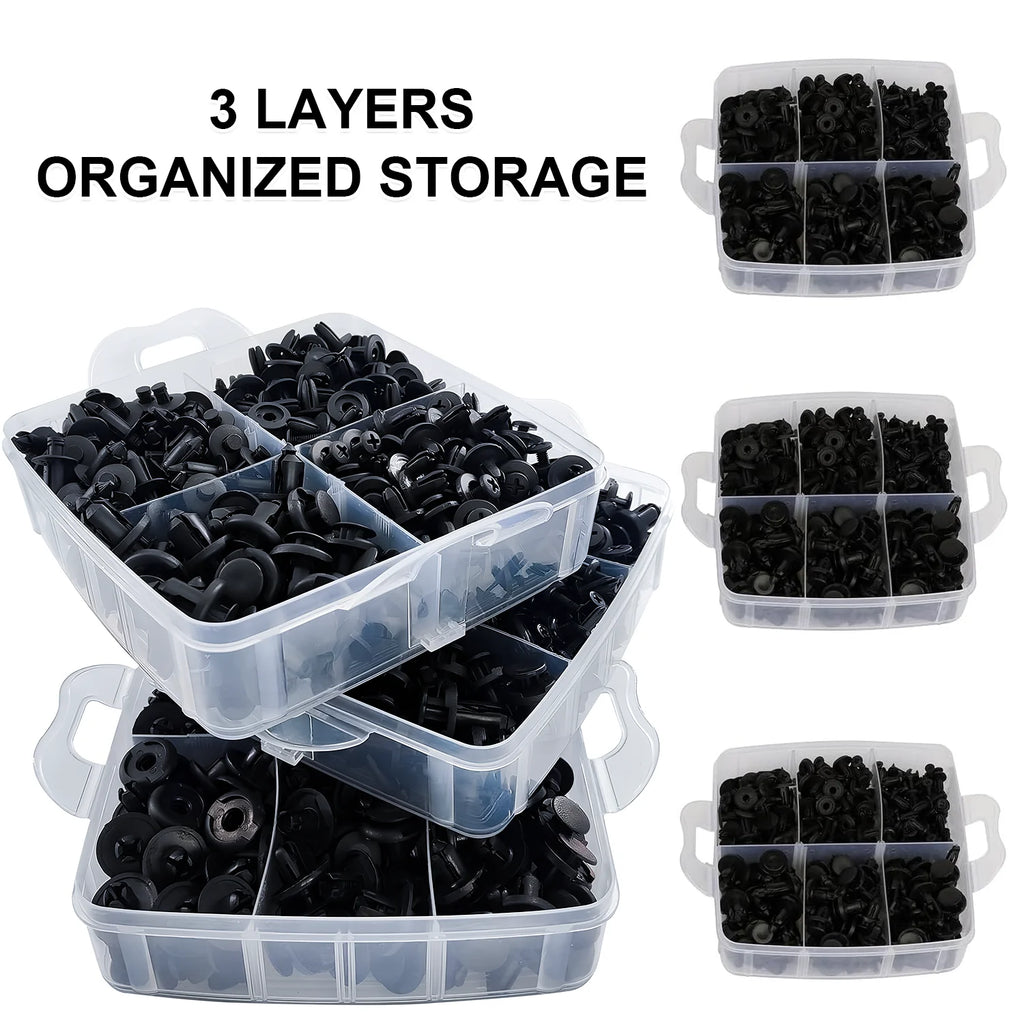 Three-layer clear plastic storage box filled with assorted black car fastener clips and rivets.