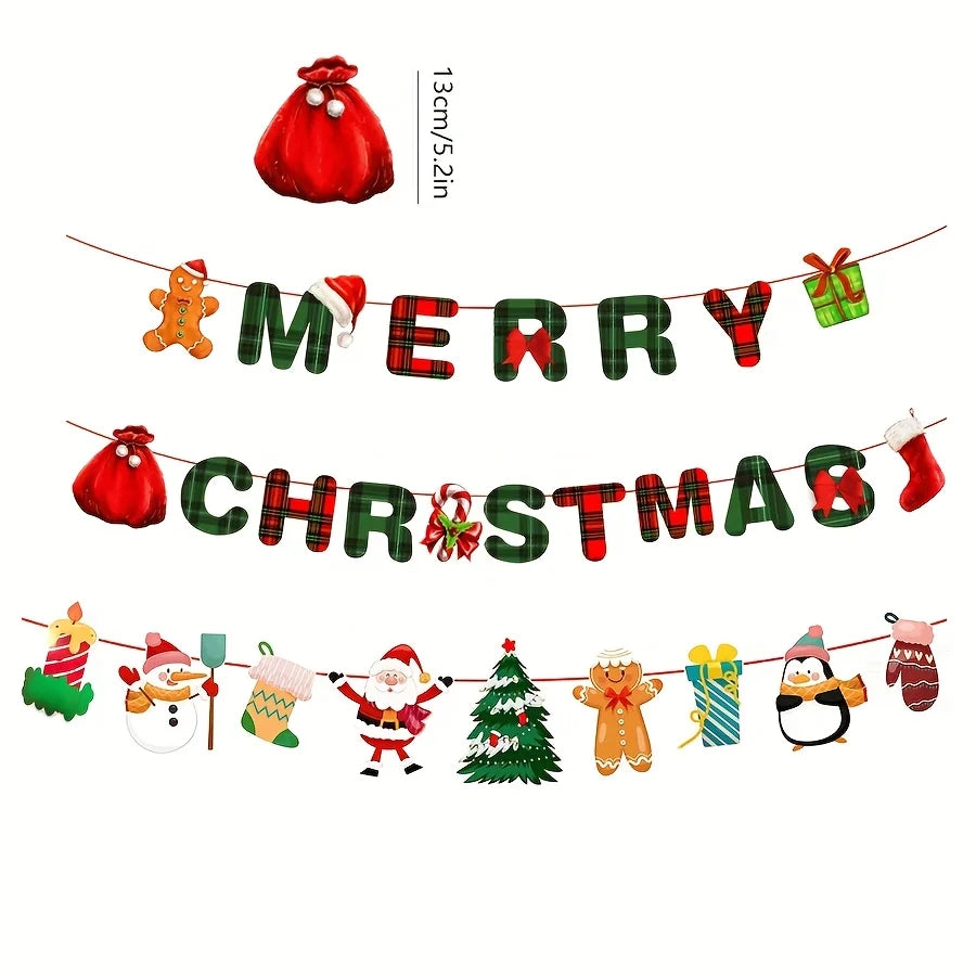 A festive 'Merry Christmas' banner with red and green tartan lettering, plus a string of colourful holiday ornaments.