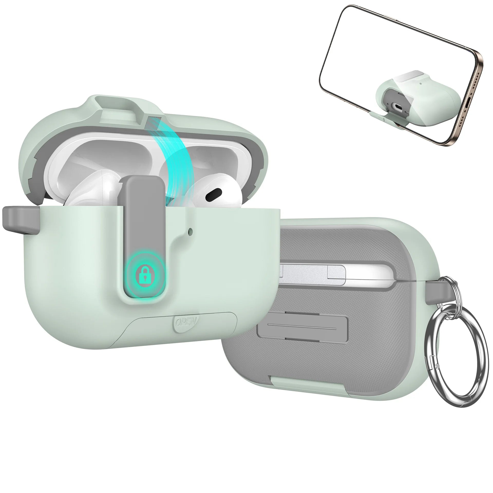 Sage green silicone protective case for AirPods Pro with secure locking mechanism and metal keychain ring.