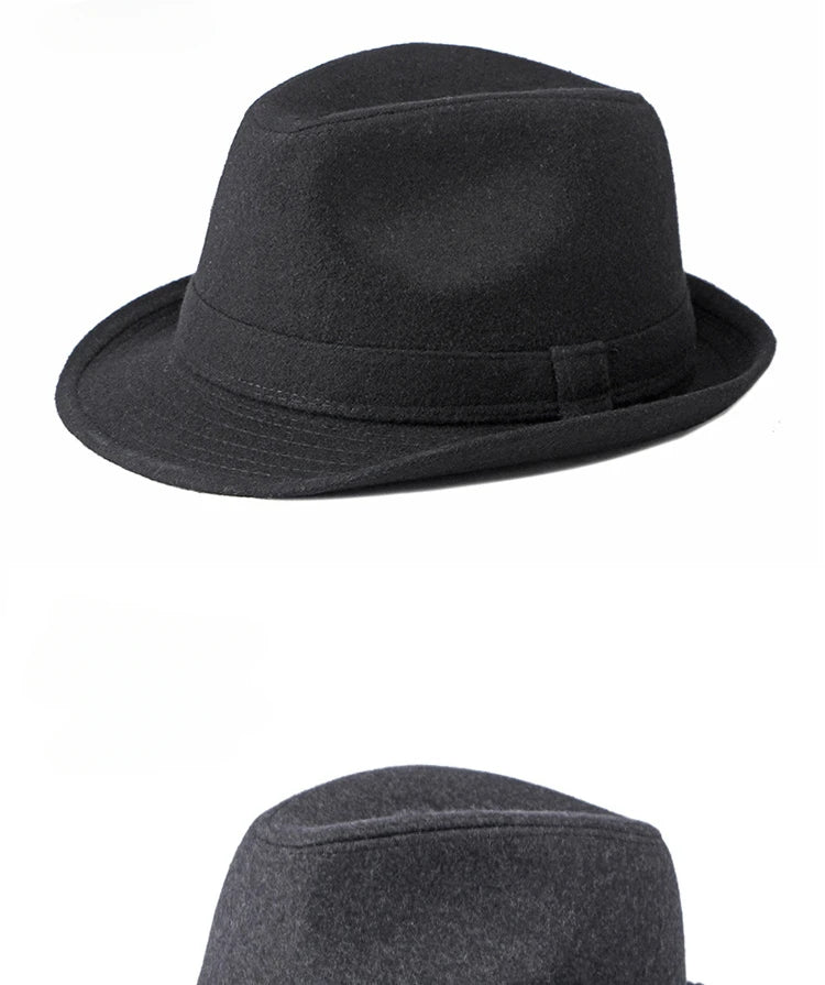 Classic black felt fedora hat featuring a structured crown and a matching tonal band.