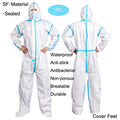 White hooded SF-material protective coverall with blue taped seams, front zipper, and integrated foot covers.