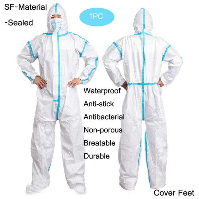 White hooded SF-material protective coverall with blue taped seams, front zipper, and integrated foot covers.