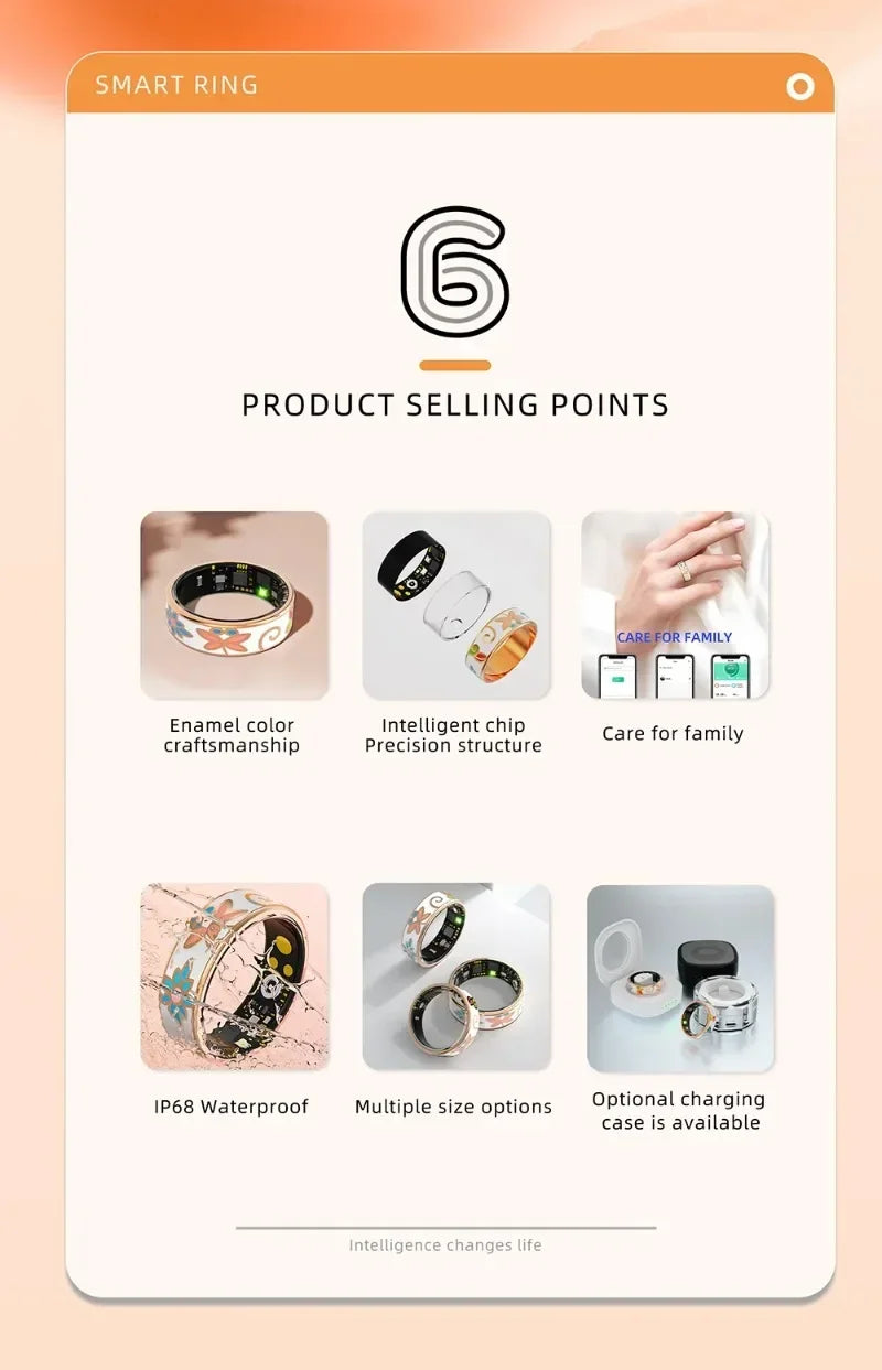 Smart health ring with floral enamel design, waterproof, precision sensors, family tracking, and optional charging case.