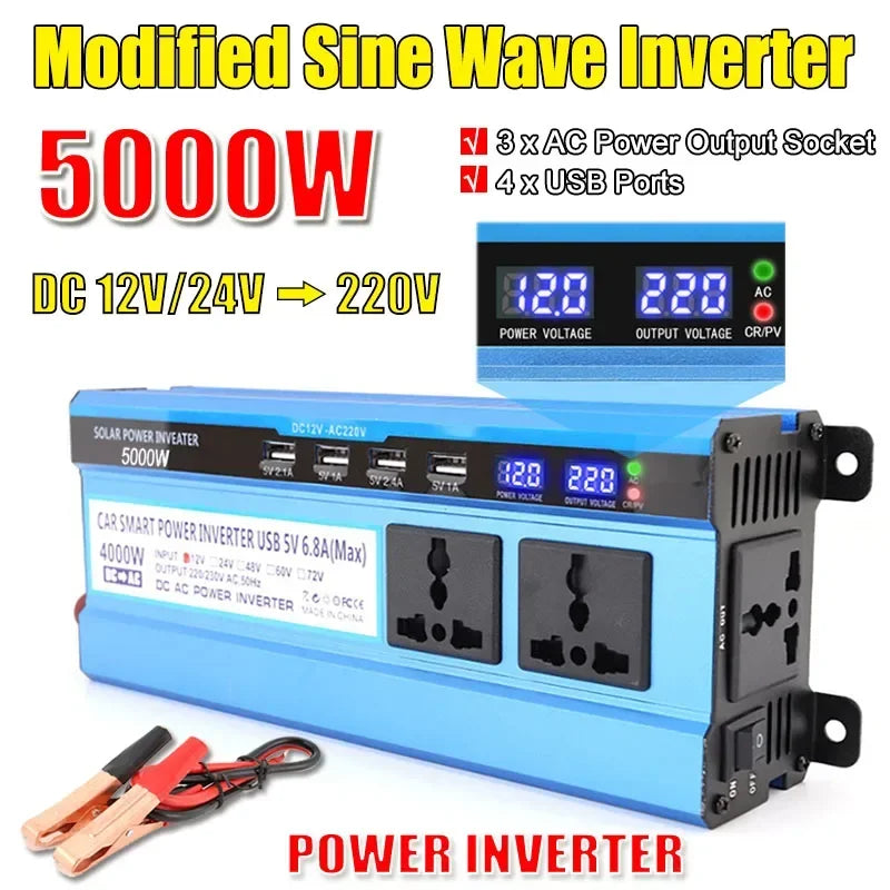 Blue 5000W modified sine wave power inverter with LCD display, 4 USB ports, 3 AC sockets, and battery connector cables.